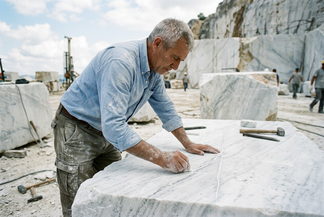 Marking a raw marble block by hand at the quarry