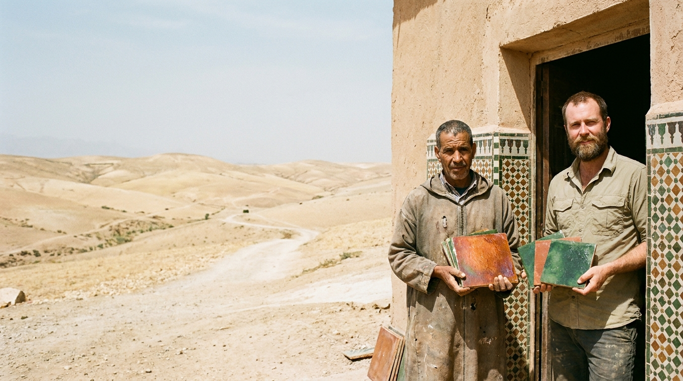 Sourcing handmade zellige tiles in Morocco — inspecting stone at the source