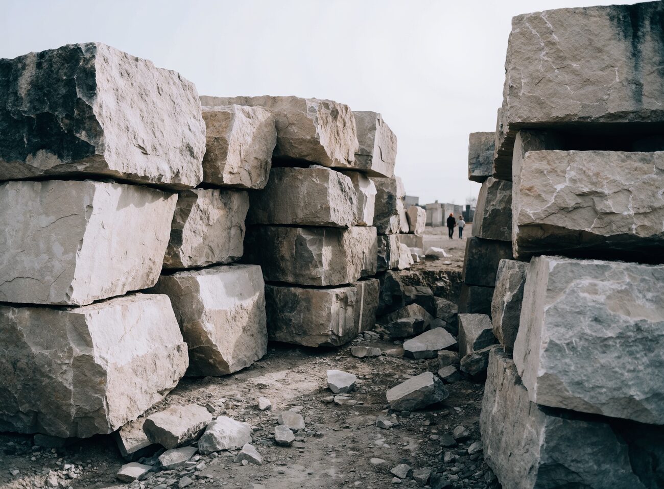 Weathered quarry stone blocks in a working yard