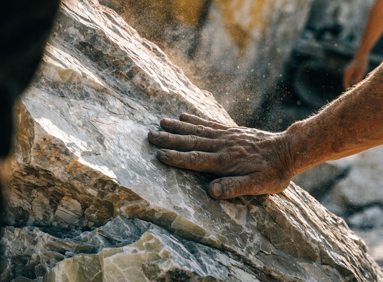 A hand on a raw cut stone face showing natural veining