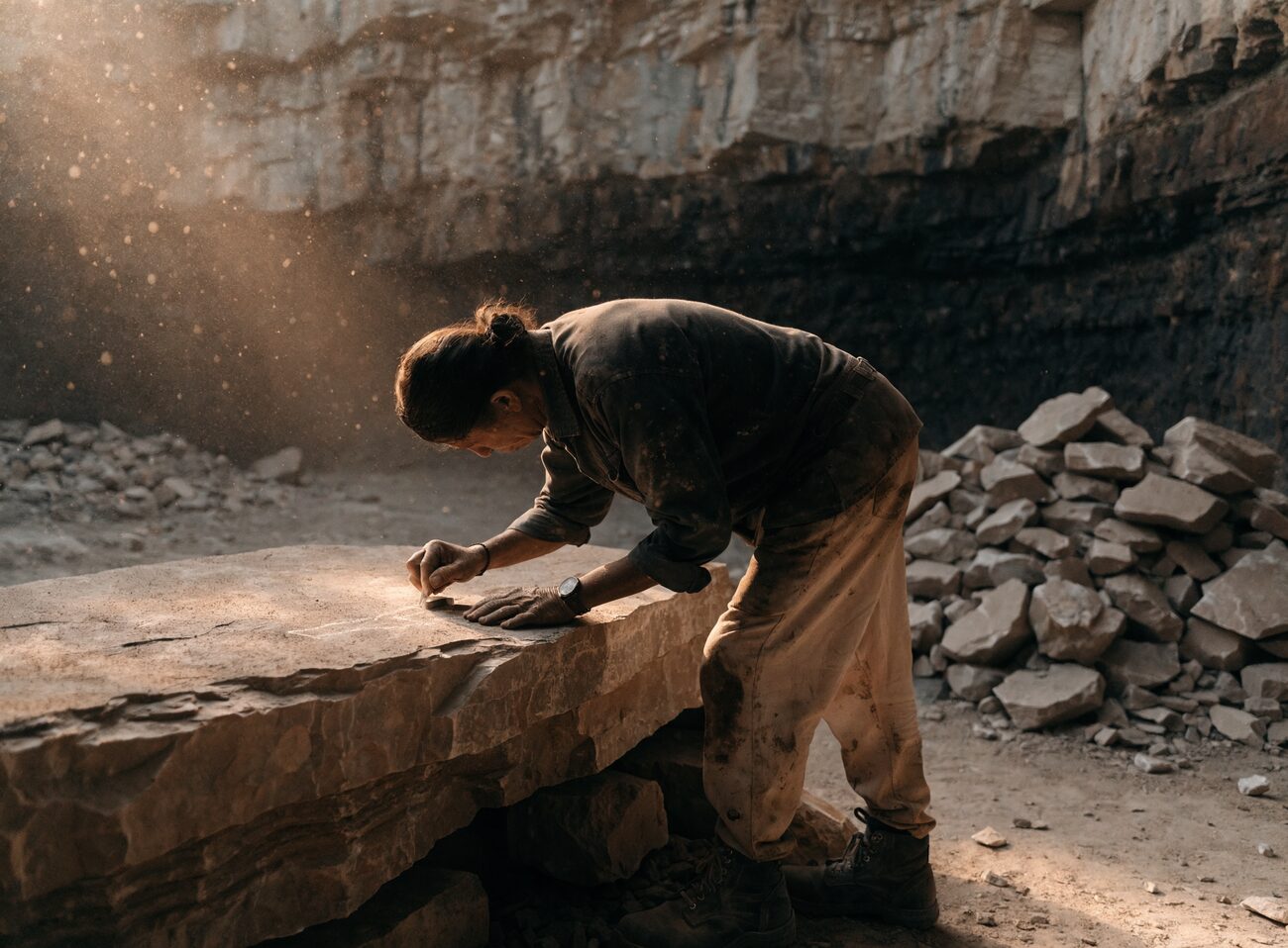 Inspecting and marking a stone slab in the quarry