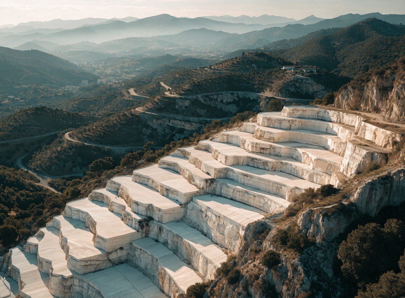 Aerial view of a terraced marble quarry