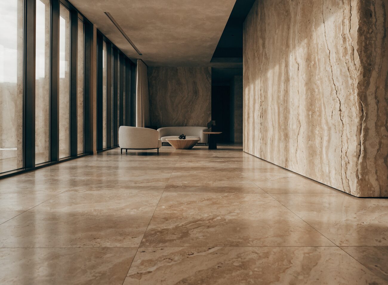 High-end interior clad in honed travertine