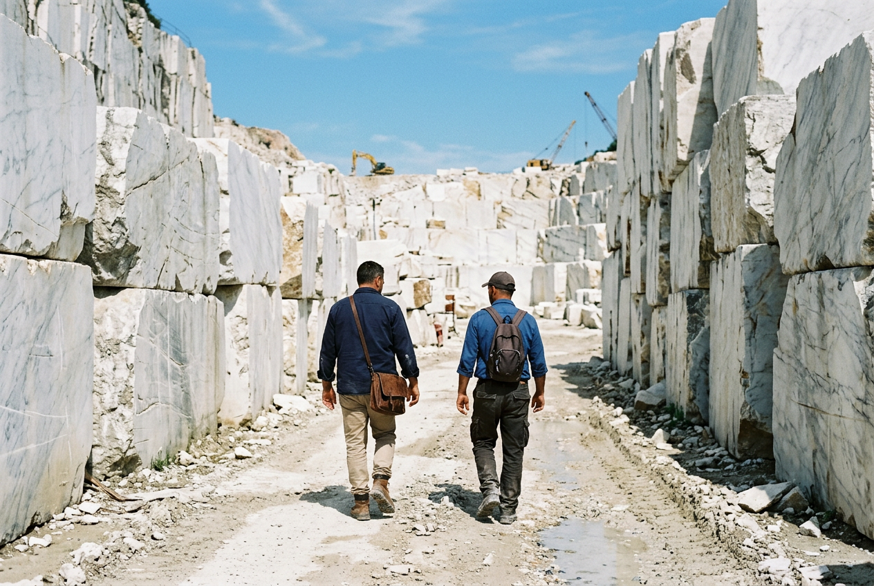 Two of our team walking a marble quarry to select stone in person